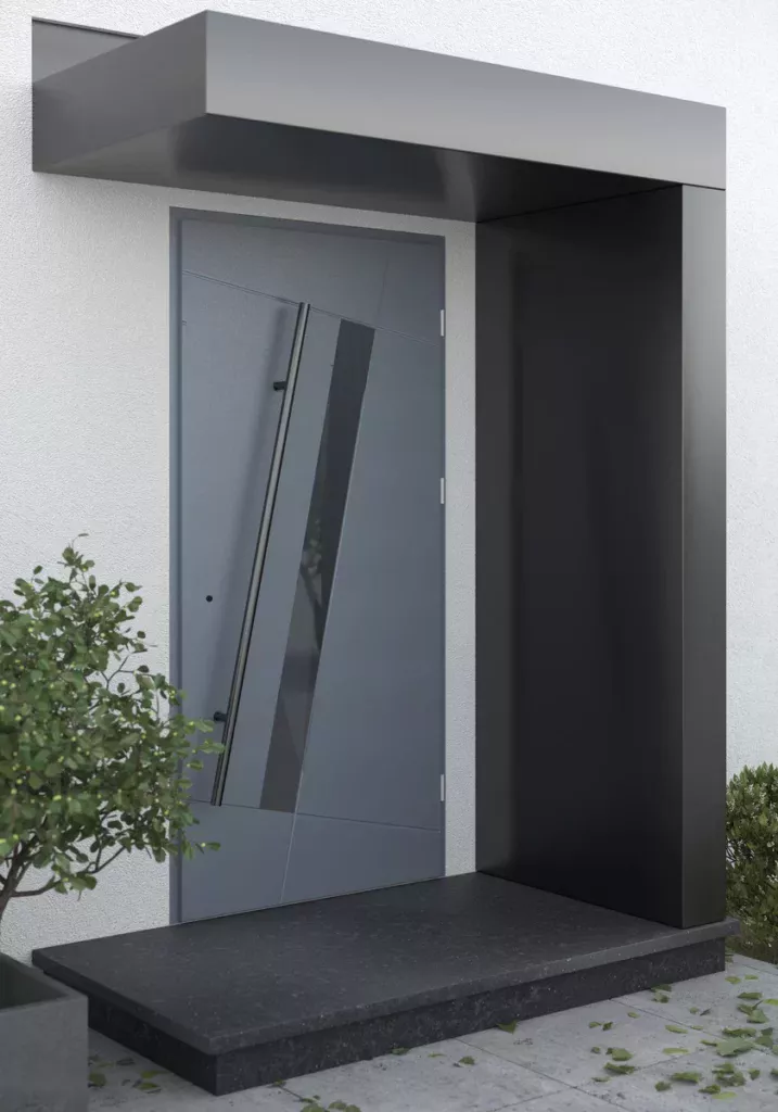 aluminiowe drzwi zewnętrzne w kolorze antracytowym z pochwytem